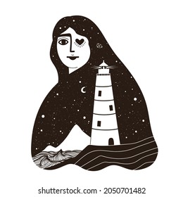 Vector illustration with long hair woman, lighthouse, mountains and sea waves. Inspirational print design with stars