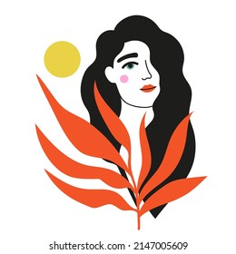 Vector illustration with long hair woman, yellow sun and red floral twig. Trendy female apparel print design