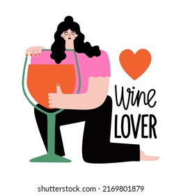 Vector illustration with long hair woman with glass of red wine. Wine lover lettering phrase. Trendy typography poster with girl and text, apparel print design, sticker template 