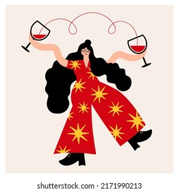 Vector illustration with long hair woman with glasses of red wine. Trendy poster with dancing girl in red costume with stars, apparel print design, sticker template