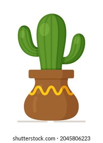 Vector illustration of a long isolated cactus in a shaped pot. Indoor plants in pots. Cacti, ivy in pots on ropes.