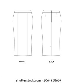 Vector illustration of long pencil skirt. Midi skirt technical sketch. Skirt design template. 