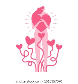 Vector illustration with long pink hair woman hugging heart shape sign. Inspirational self care and body positive poster, female apparel print design