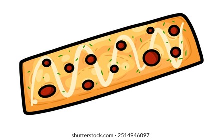 Ilustración vectorial de una pizza larga con cobertura de carne y queso. Pizza larga en estilo de dibujos animados. Pizza panjang.