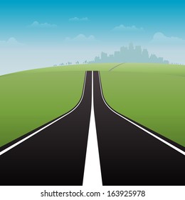 Vector illustration of a long road to the great city.