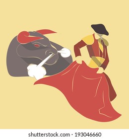 Vector illustration long shadow flat icon of bull fight