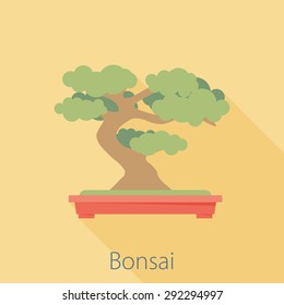 Vector illustration long shadow flat icon of bonsai tree