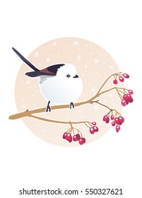 Vector illustration of a long tailed tit bird sitting on a tree branch on beige background with snowflakes