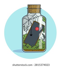 Vector illustration of long term digital detox with a turned off smartphone forgotten inside a plant terrarium glass bottle with spiderwebs. Ideal for mental health blogs, mobile app UI, or wellness campaigns.