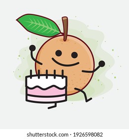 Vector Illustration of Longan Fruit Character with cute face, simple hands and leg line art on Isolated Background. Flat cartoon doodle style.