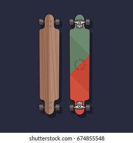 Vector illustration of Longboard in flat style. Longboard isolated on blue background.