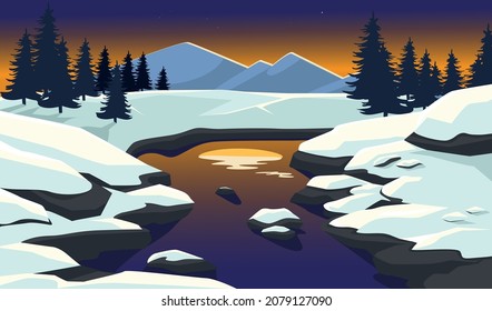 Vektorgrafik der längsten Nacht des Jahres. Wintersonntag im Dezember des 21. Grußkartendesign-Vorlage. Der dunkle Winterhimmel mit Sonnenuntergang oder Sonnenaufgang über dem Fluss