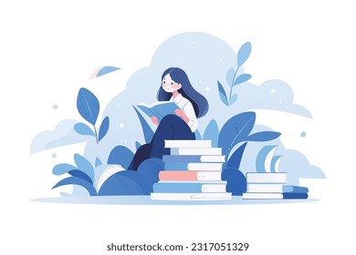 Ilustración vectorial de una niña de cabello largo leyendo en una biblioteca