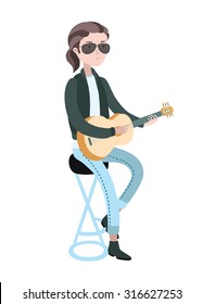 Vector illustration of long-haired guitarist in blue jeans and glasses sit on the bar stool  and plays acoustic guitar on white isolation background