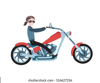 Vector illustration of long-haired man riding red chopper motorcycle on white isolated background
