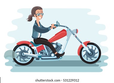 Vector illustration of long-haired man riding red chopper motorcycle on white isolated background