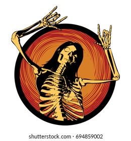 A vector illustration of a long-haired skull with  metal  fingers in a headbanger pose. 