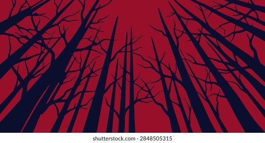 Vector illustration looking up at bare tree trunks and branches against a red background