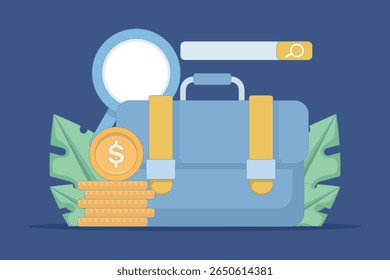 vector illustration looking for new job opportunities or new projects. project or job search. search site. magnifying glass, briefcase, books, equipment, and coins. flat illustration.