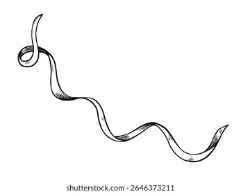 Ilustração vetorial de fita enrolada solta em estilo de gravação monocromática. Desenho linear para cartões de cumprimentos de bebê ou convites de casamento. Gravura para tinta estática pintada com tintas pretas.