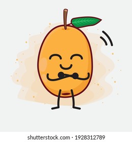 Ilustración vectorial de Loquat Fruit Character con cara linda, manos simples y líneas de piernas en fondo aislado. Estilo de dibujo animado plano.