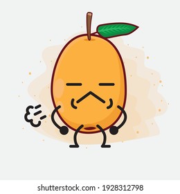 Ilustración vectorial de Loquat Fruit Character con cara linda, manos simples y líneas de piernas en fondo aislado. Estilo de dibujo animado plano.