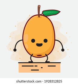 Vector Illustration of Loquat Fruit Character with cute face, simple hands and leg line art on Isolated Background. Flat cartoon doodle style.