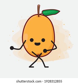Vektorgrafik des Loquat Fruchtzeichens mit süßem Gesicht, einfachen Händen und Beinlinien auf isoliertem Hintergrund. Flacher Cartoon-Doodle-Stil.