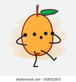 Ilustración vectorial de Loquat Fruit Character con cara linda, manos simples y líneas de piernas en fondo aislado. Estilo de dibujo animado plano.