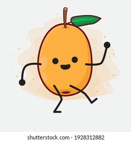 Vektorgrafik des Loquat Fruchtzeichens mit süßem Gesicht, einfachen Händen und Beinlinien auf isoliertem Hintergrund. Flacher Cartoon-Doodle-Stil.