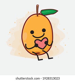 Ilustración vectorial de Loquat Fruit Character con cara linda, manos simples y líneas de piernas en fondo aislado. Estilo de dibujo animado plano.