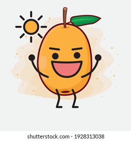 Ilustración vectorial de Loquat Fruit Character con cara linda, manos simples y líneas de piernas en fondo aislado. Estilo de dibujo animado plano.