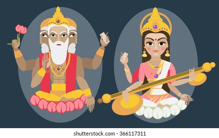 vector illustration lord Brahma and Sarasvati devi Traditional Hindu deitys