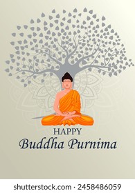 Ilustración vectorial del Señor Buda meditando sobre el fondo del festival Festiva de Buda Purnima