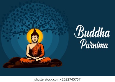 vector illustration of Lord Buddha meditating on Buddh Purnima religious Holiday festival background