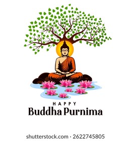 vector illustration of Lord Buddha meditating on Buddh Purnima religious Holiday festival background
