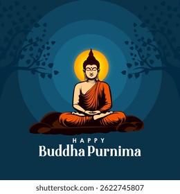 vector illustration of Lord Buddha meditating on Buddh Purnima religious Holiday festival background