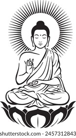 vector illustration of Lord Buddha. Sitting Buddha black and white vector line illustration.