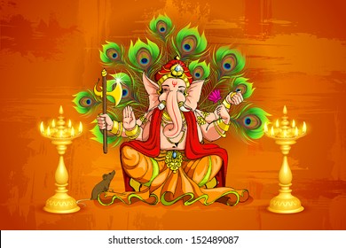 vector illustration of Lord Ganesha with diya