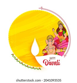Vector Illustration Of Lord Ganesha With Goddess Lakshmi Character On White And Yellow Brush Effect Background For Happy Diwali Celebration.