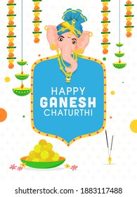 Vector Illustration Of Lord Ganpati Face With Laddu Bowl, Incense Holder, OIl Lamp Layer And Floral Garland On White Background For Happy Ganesh Chaturthi.