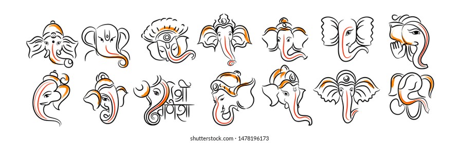 Vector Illustration Of Lord Ganpati On Ganesh Chaturthi, Hindi Calligraphy With Ganesh Head, Background