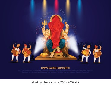 Vector illustration of lord ganpati and people with dhol for happy Ganesh Chaturthi festival of India. Ganesh Aagman concept design with red cloth.