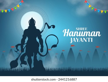 Ilustración vectorial de Lord Hanuman sobre fondo religioso para el festival Hanuman Jayanti de la India