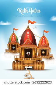 Vector illustration of Lord Jagannath, Balabhadra and Subhadra on annual Ratha Yatra in Odisha festival background.