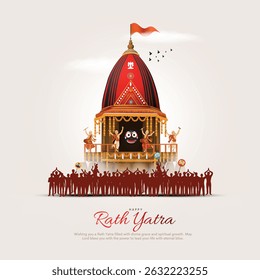 Vector illustration of Lord Jagannath, Balabhadra and Subhadra on annual Ratha Yatra with people and devotees dancing in Odisha festival background	