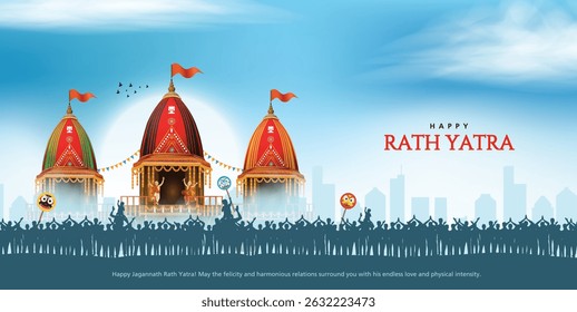 Ilustração vetorial de Lord Jagannath, Balabhadra e Subhadra em Ratha Yatra anual cercada de povos. Fundo do festival de Odisha. Faixa, cartaz, saudações.