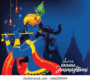 vector illustration of Lord Krishna with flute on Happy Janmashtami background with festival elements for greeting and celebration.