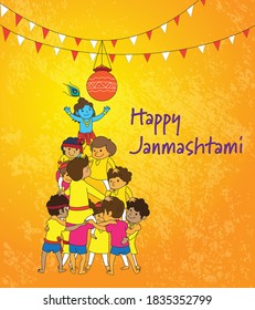 Vector illustration of Lord Krishna playing dahi handi with friend in Happy Janmashtami festival background of India