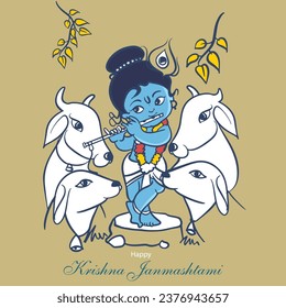 vector illustration of Lord Krishna playing flute on Happy Janmashtami holiday Indian festival greeting background